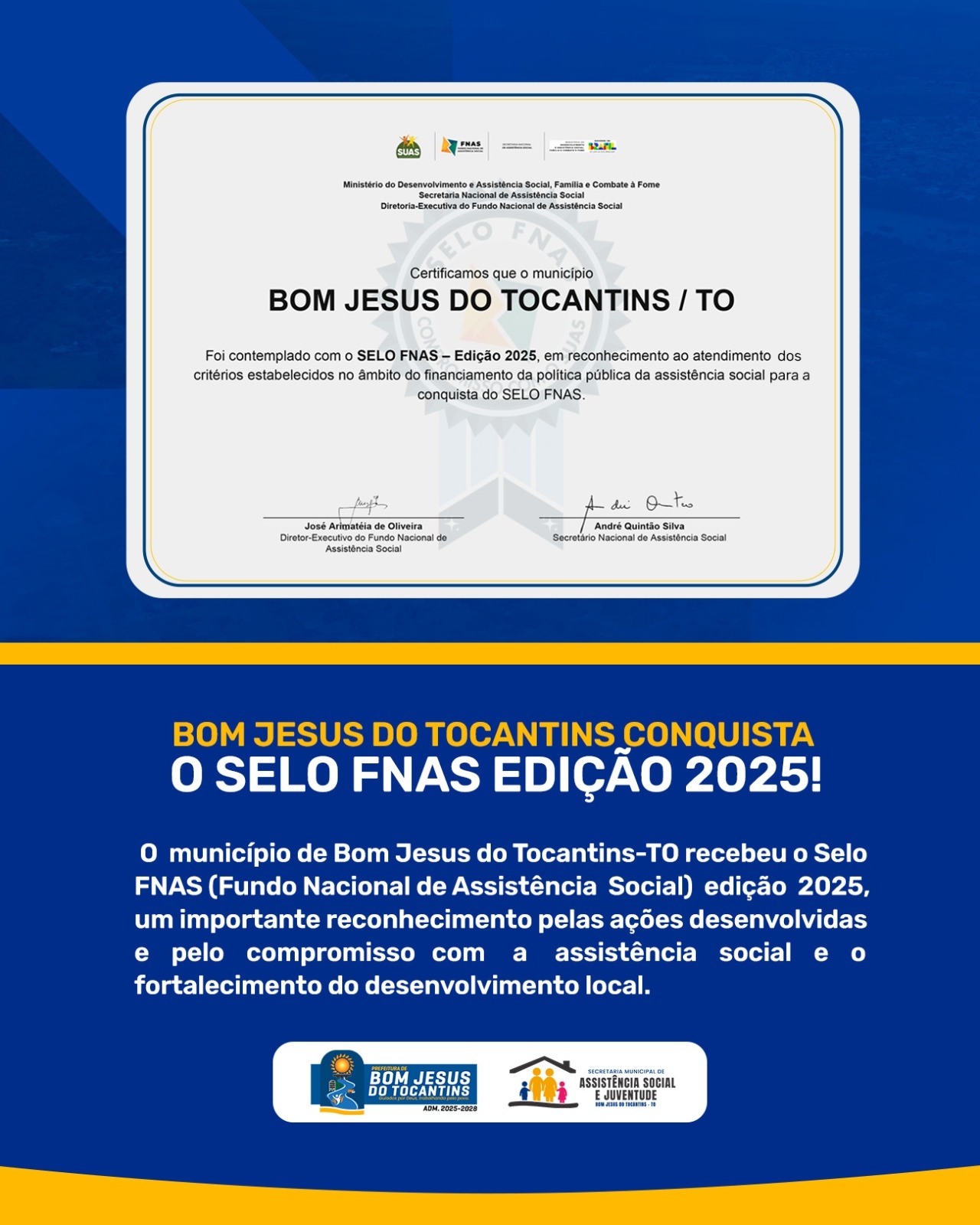 Bom Jesus do Tocantins conquista o Selo FNAS Edição 2025!